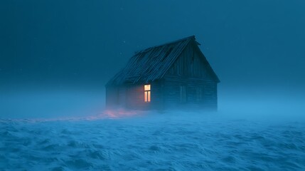Obraz premium Cozy cabin with glowing window in snowy night landscape