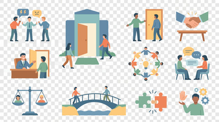 Naklejka premium Human interaction icons depict various social situations and professional negotiations in a flat style.