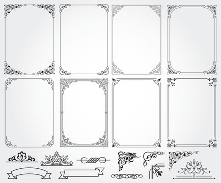 Design elements set, decorative flourish border corner and frame collection for invitation, menu and page decoration