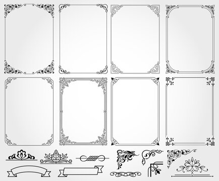 Design elements set, decorative flourish border corner and frame collection for invitation, menu and page decoration