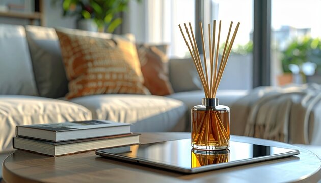 Tablet and reed diffuser: Close-up of a sleek tablet computer, hardback books, and a glass reed diffuser on a modern coffee table.