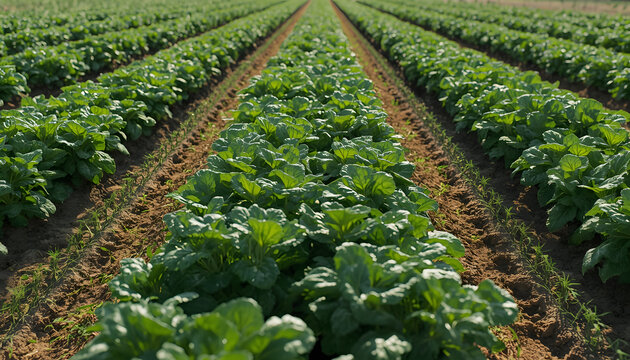 Ultra realistic aerial view of an organic vegetable farm with multiple crop varieties arranged in symmetrical rows