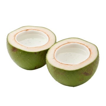 Fresh young green coconut, precisely halved, clear water, white copra, and condensation, isolated on a transparent background, high-key studio concept of pure refreshment