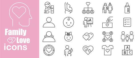 Naklejka premium Family and Love line editable icons vector set, Affection outline icon set, Volunteering icons and Family silhouette vector illustration.