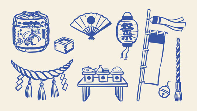 Japanese Shinto and festival elements vector illustration set featuring sake barrel lantern folding fan shimenawa rope and traditional offerings