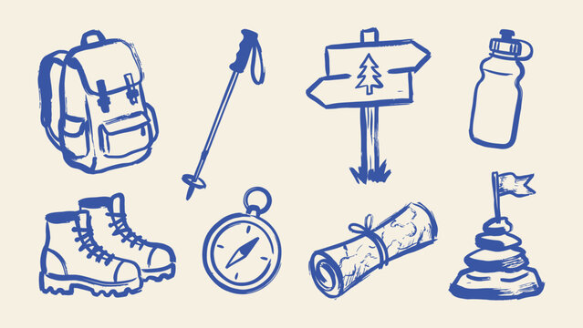 Hand drawn hiking and camping adventure icon set in blue ink sketch style featuring backpack boots compass map and signpost vector