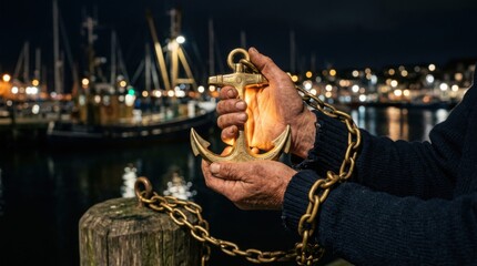 Obraz premium Close up view of mariner holding an illuminated vintage brass anchor tool near a wooden pier deck at twilight