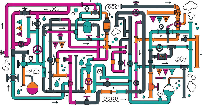 Colorful industrial pipe maze vector illustration featuring complex plumbing pipeline system with valves gauges and water laboratory equipment