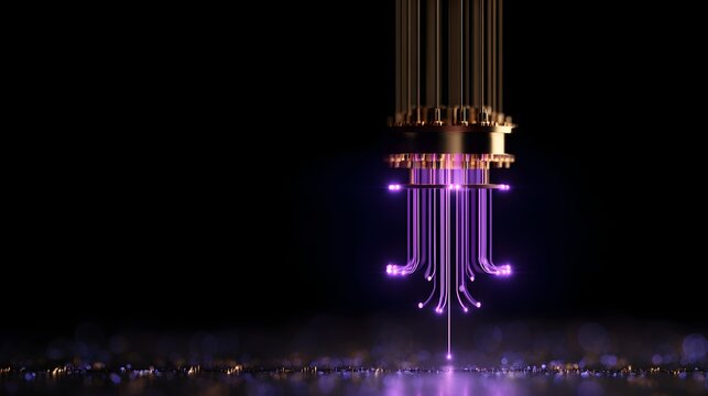 Quantum computing processor with glowing purple connections with purple glowing connections against dark background processor black base gold wires purple