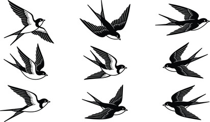 Black and white swallow bird vector silhouette set with flying barn swallows icons isolated on white background © Utpal