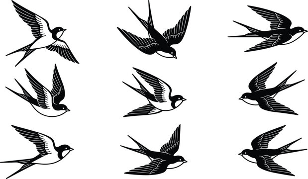 Black and white swallow bird vector silhouette set with flying barn swallows icons isolated on white background