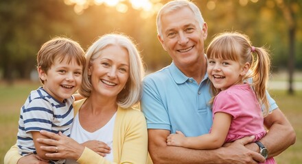 Fototapeta premium Senior couple holding grandchildren with warm smiles in nature during sunset. Grandparents joyfully embrace grandchildren in park setting, creating lasting memories of love and happiness.
