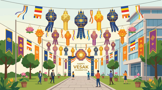 Buddhist Vesak Celebration with Traditional Lanterns and Flags Decorating a Modern Urban Park and Building