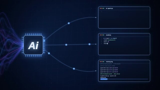 Futuristic AI processor chip connecting to digital code windows displaying programming script and log data. Perfect for machine learning and artificial intelligence development concepts.