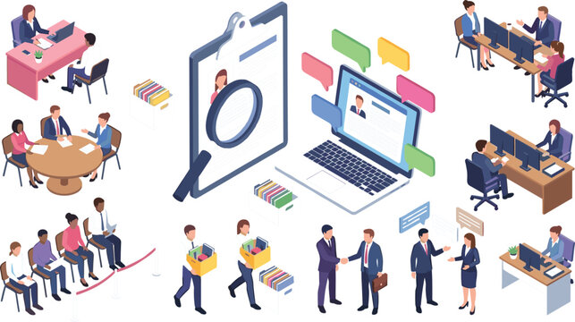Human resources isometric vector set featuring recruitment agency office characters job interviews hiring process and candidate profiles
