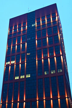 Lodz, Ł&oacute;dź, Poland, Europe - 02.2026 : Red Tower, formerly Bre Tower skyscraper, presently business complex with Credit Agricole Bank world's largest cooperative financial institution, Piotrkowska str