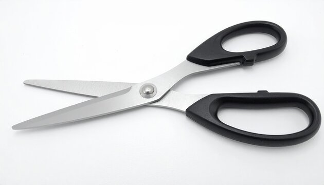 Open black handled scissors on white background