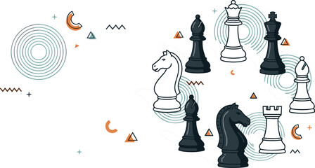 Chess pieces strategy concept vector illustration featuring black and white chess figures with abstract geometric design background © Utpal