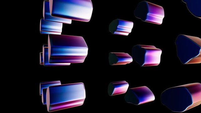 Abstract pattern of floating 3d organic shapes with dark blue and orange colors on black background