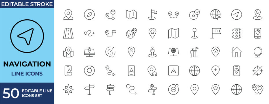 Maps and navigation line icons set. Vector linear symbols of direction, destination pointer, tracking, and orientation. Minimalist outline web. Editable stroke.