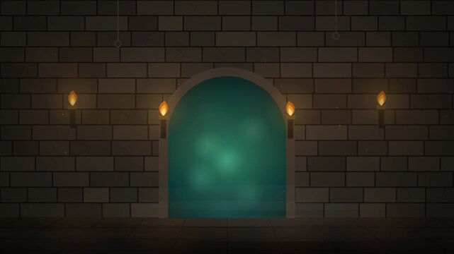 A mystical portal gleams within an ancient, dark dungeon. This atmospheric stone corridor, featuring wall-mounted torches and arched architecture as seen for games