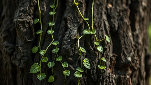 Vines naturally separating from an old tree trunk, growing upward in soft green light.