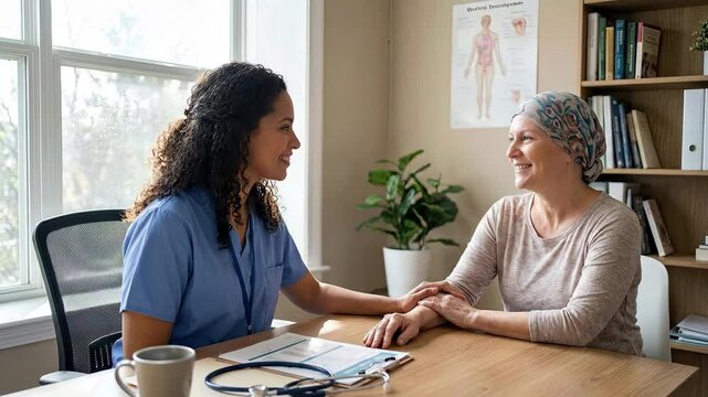 Oncology patient receiving compassionate care from a healthcare provider, discussing malignant disease treatment, recovery path, survival outlook, mental strength.