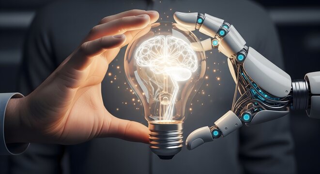 A human hand and a robotic hand hold a glowing light bulb with a brain filament representing artificial intelligence and innovation.