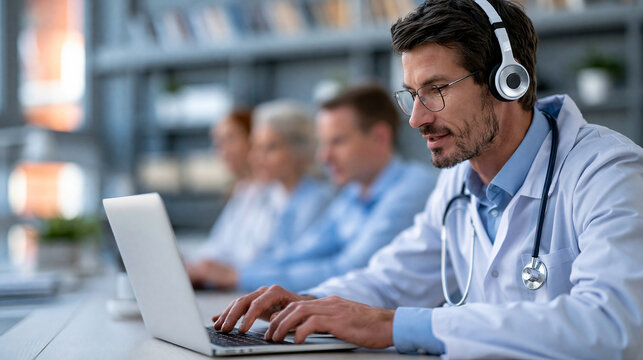 Faceless medical students attending healthcare training during online video conference from educational setting, medical education concept, healthcare photography, blurred study