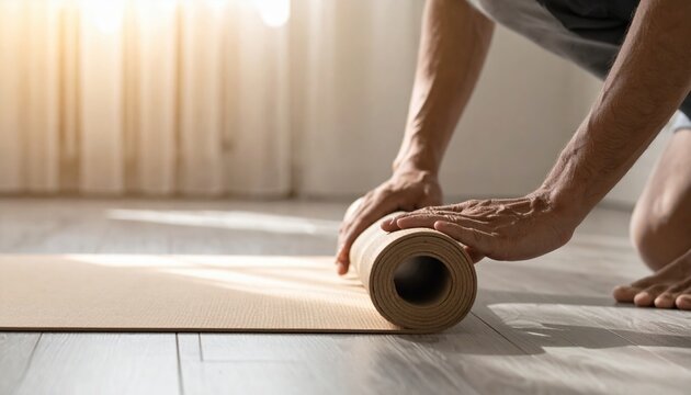 Person rolling out beige yoga mat on floor