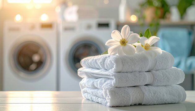Stack of clean towels with flower in laundry roomStack of clean towels with flower in laundry room