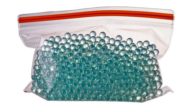 Isolated transparent zipper bag full of iridescent teal water beads for science and sensory play