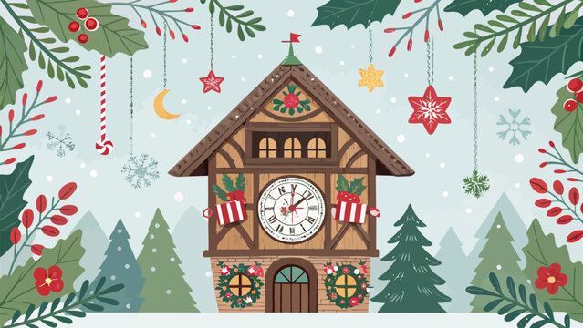 Whimsical holiday clock tower house surrounded by festive forest decorations with charming intricately decorated
