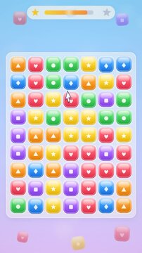 Colorful match-3 puzzle game interface featuring glossy block icons with geometric shapes. This bright vector layout with a progress bar and casual gaming design, Vertical mode