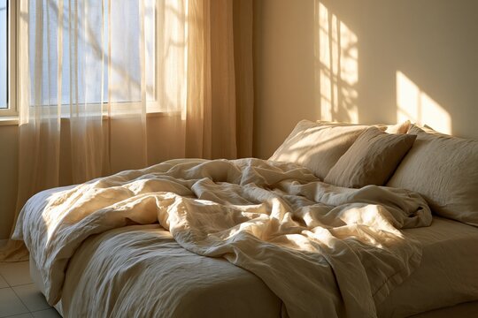 Cozy bedroom in early morning light unmade linen bed warm gol