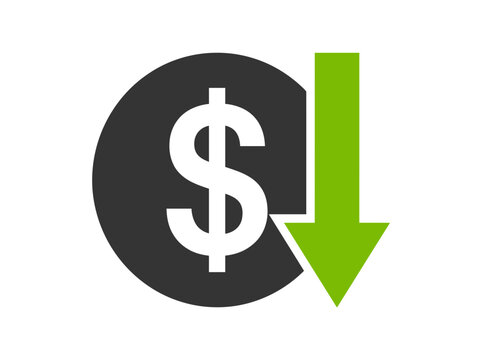 Dollar symbol with a green downward arrow indicating a decrease in cost or value