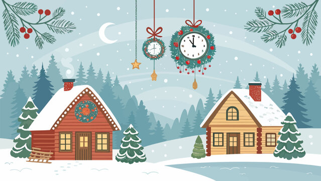 Whimsical winter village scene with decorative wall clocks and festive greenery under snowfall with village
