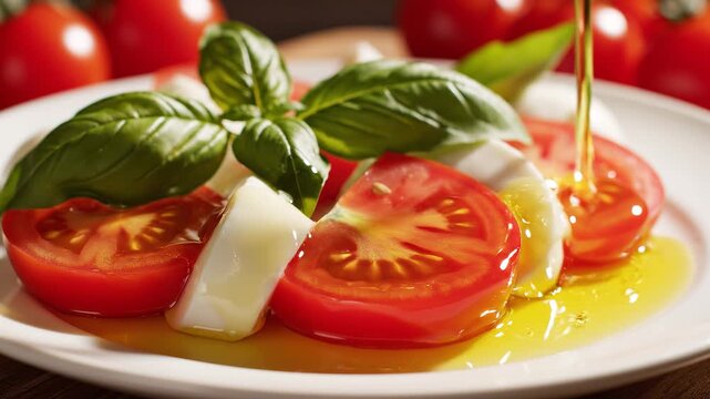Close up of extra virgin olive oil slowly pouring over fresh tomato slices, mozzarella cheese, and basil leaves in soft Mediterranean light.