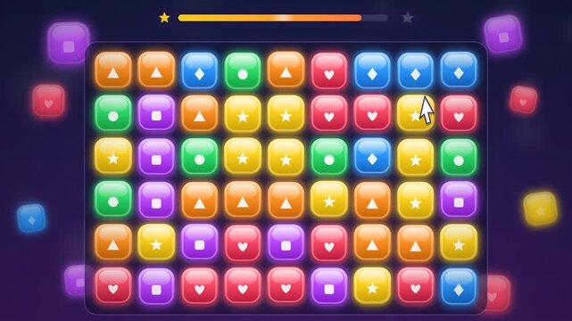 Colorful match-3 puzzle game interface featuring glossy block icons with geometric shapes. This bright vector layout with a progress bar and casual gaming design, Dark mode