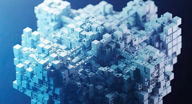 Abstract 3D blue cube structure with complex geometric details.
