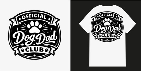 Official dog dad club emblem featuring bold typography with a central paw print illustration designed in a clean black and white style perfect for custom apparel and graphic merchandise projects © Saifan Design