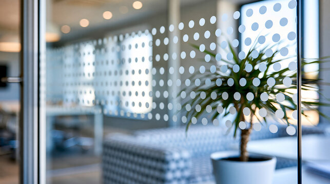 Modern frosted glass film with elegant dot pattern enhancing office privacy and meeting rooms while maintaining natural light, office design concept, architectural photography,