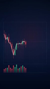Stock market candlestick chart showing a sharp downward trend with a white moving average line on a dark blue background, representing a financial crisis, investment losses, bearish economy, Vertical