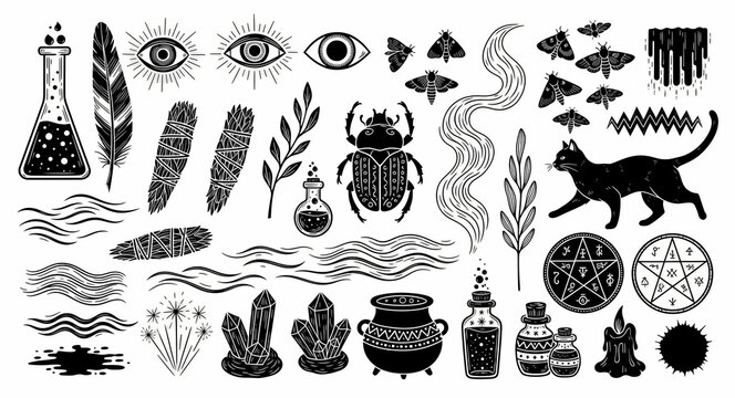 Large collection of hand-drawn mystical and occult icons in black linocut style. Elements feature a black cat, scarab, crystals, and potions. Esoteric design set for witchcraft and apothecary.