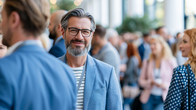 Large group of diverse business professionals and attendees networking and socializing at vibrant corporate event in spacious modern hall, corporate culture concept, event
