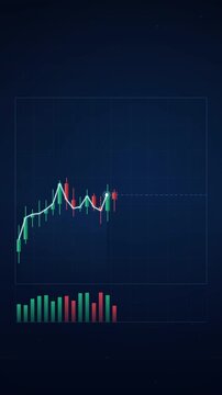Stock market candlestick chart showing a strong upward growth trend with a white moving average line on a dark blue background, Financial success, investment profits, and bullish economy, Vertical