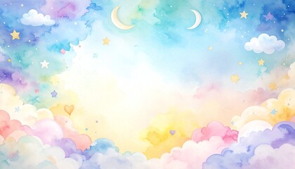 Fototapeta premium Cute Watercolor Night Sky Background with Moon, Stars and Clouds