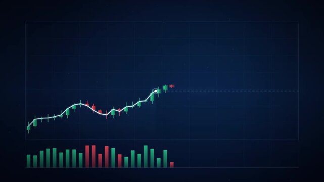 Stock market candlestick chart showing a strong upward growth trend with a white moving average line on a dark blue background, representing financial success, investment profits, and bullish economy