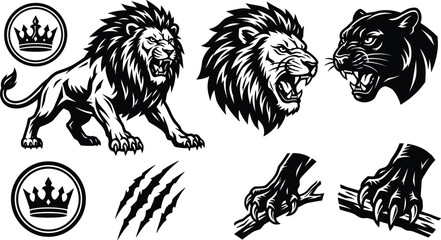 Aggressive monochrome wild cat mascot vector illustration set featuring roaring lions black panther claws slash marks and royal crown emblems, © Utpal