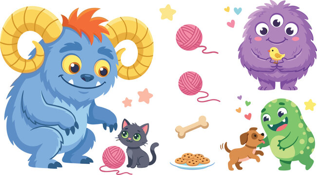 Adorable fantasy monster mascot collection featuring friendly creatures playing with cat dog little bird yarn ball and cookies